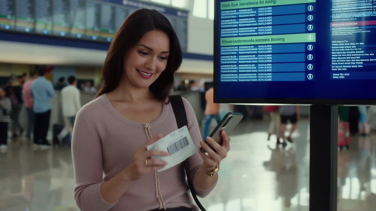 Woman checking flight information on phone at airport