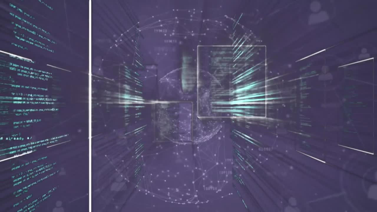 animación de cuadrados sobre puntos conectados que forman un globo y lenguaje informático en fondo negro