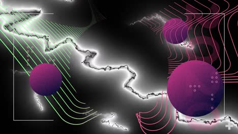 Animación-De-Datos-De-Procesamiento-De-Interfaz,-Con-Corrientes-Eléctricas-Blancas,-Curvas-Paralelas-Y-Esferas.