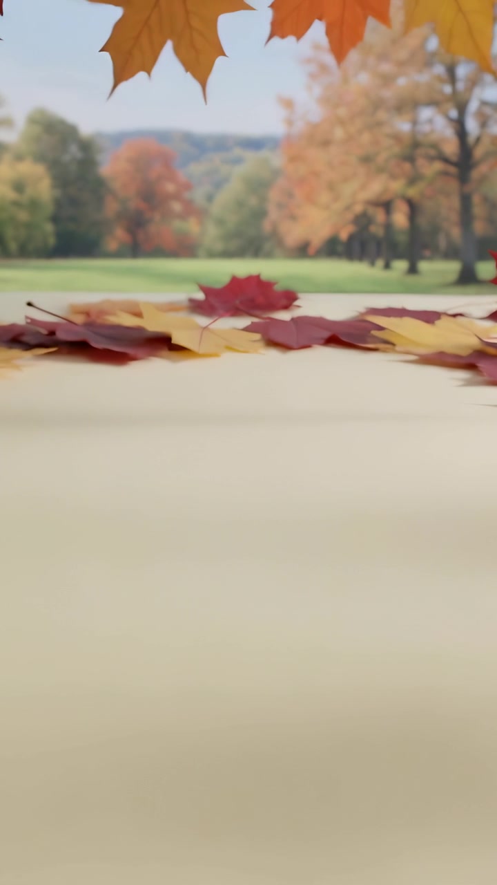 Video verticale: Brezza leggera che fa cadere foglie d'acero su una superficie beige in un parco, formando una fila.