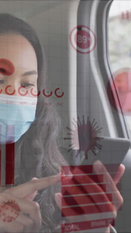 animation of covid 19 cells and dat over asian woman in face mask using smartphone