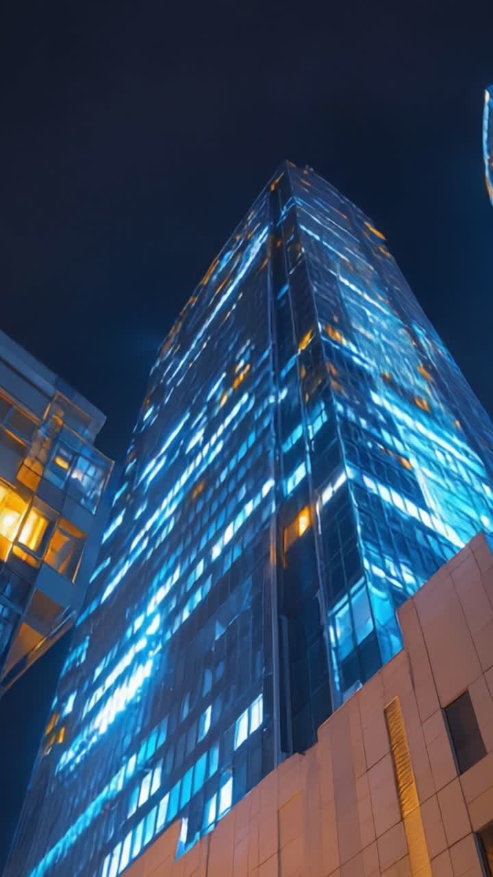 Uma Vista Deslumbrante de um Arranha-céu Moderno Iluminado por Luzes Azuis Vibrantes e Amarelas Quentes Contra o Céu Noturno, Exibindo a Beleza Arquitetônica e a Vida Urbana