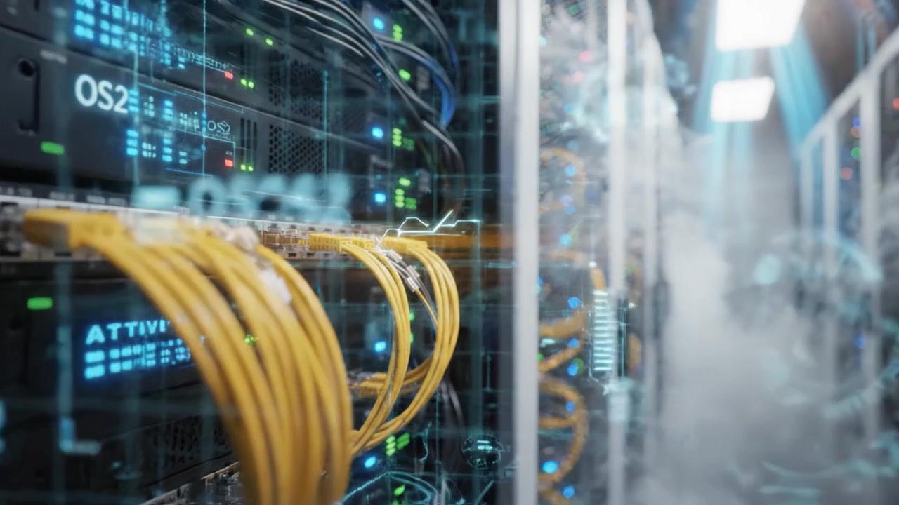 Advanced Data Center Infrastructure with Network Servers and Ethernet Cabling Surrounded by Dense Fog and Blue LED Indicators for Enhanced Performance Monitoring