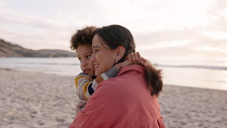 Beach,-mother-and-child-hug-outdoor-on-family