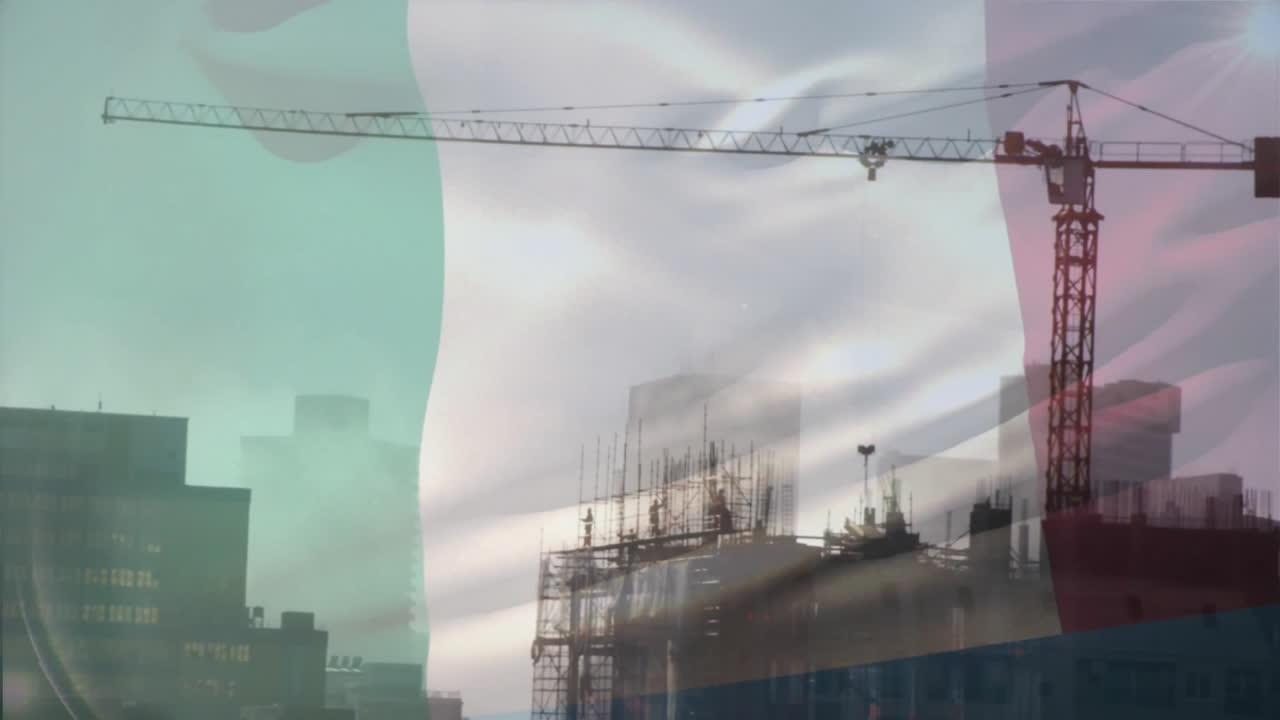 Crane at construction site with buildings, abstract green and white animation shapes