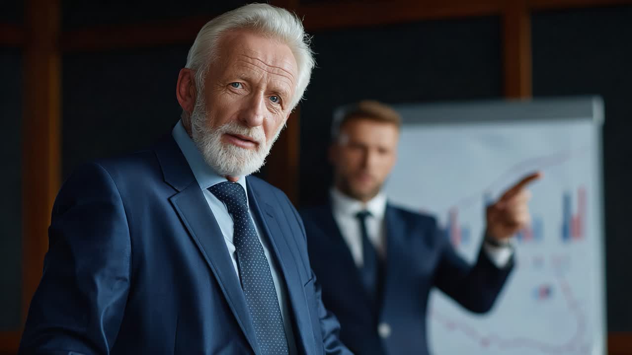 A focused business discussion unfolds as a distinguished executive looks on with deliberation while a colleague presents vital data in a corporate setting