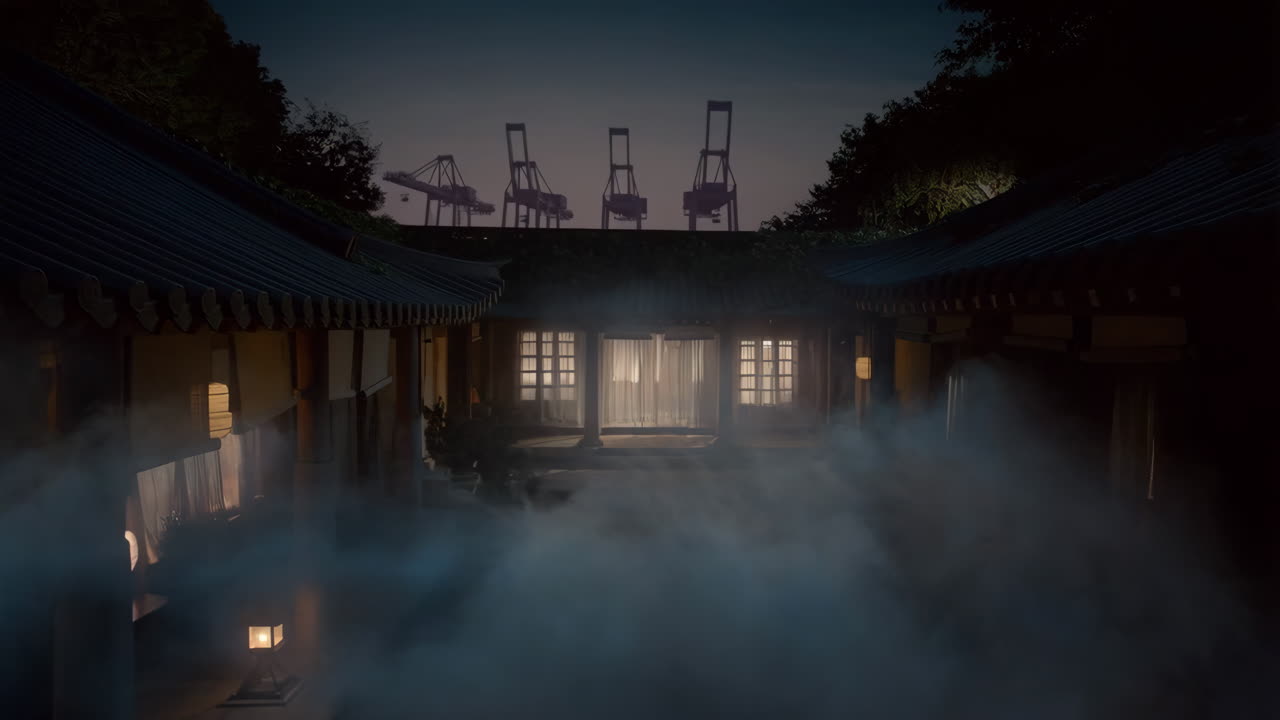 Traditional Courtyard House at Dusk with Industrial Cranes in Background