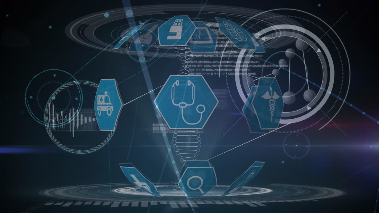 해군 배경에서 과학 데이터, 아이콘 및 연결의 애니메이션