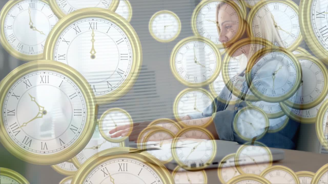 Businesswoman touching documents and reviewing while clocks floating showing deadline stress