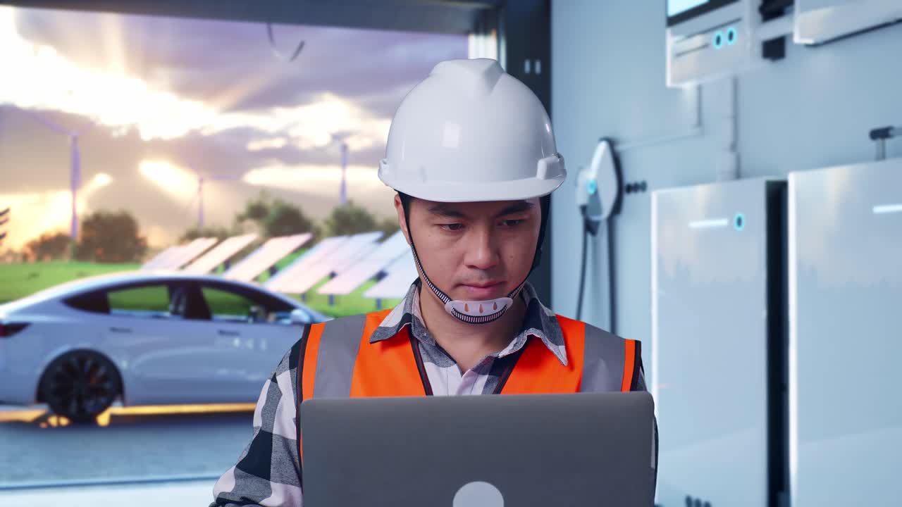 Close Up Of Asian Male Engineer With Safety Helmet Working On A Laptop While Standing With Home Energy Storage System In a Modern Garage