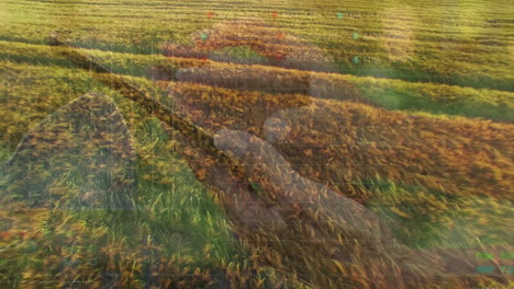 composite video of hand using digital tablet against farm fields