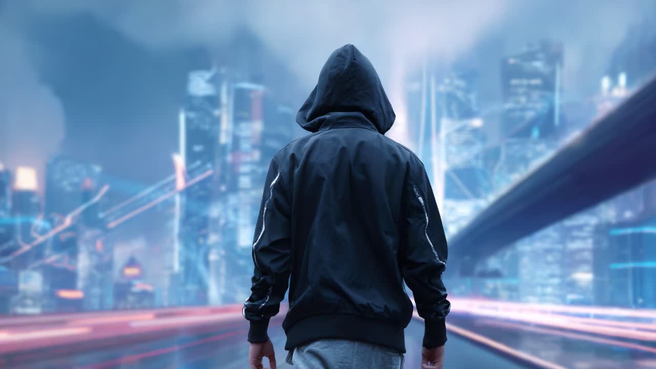 A solitary figure stands in a futuristic urban landscape at dusk, enveloped in a shroud of mystery, as vibrant city lights illuminate the surroundings