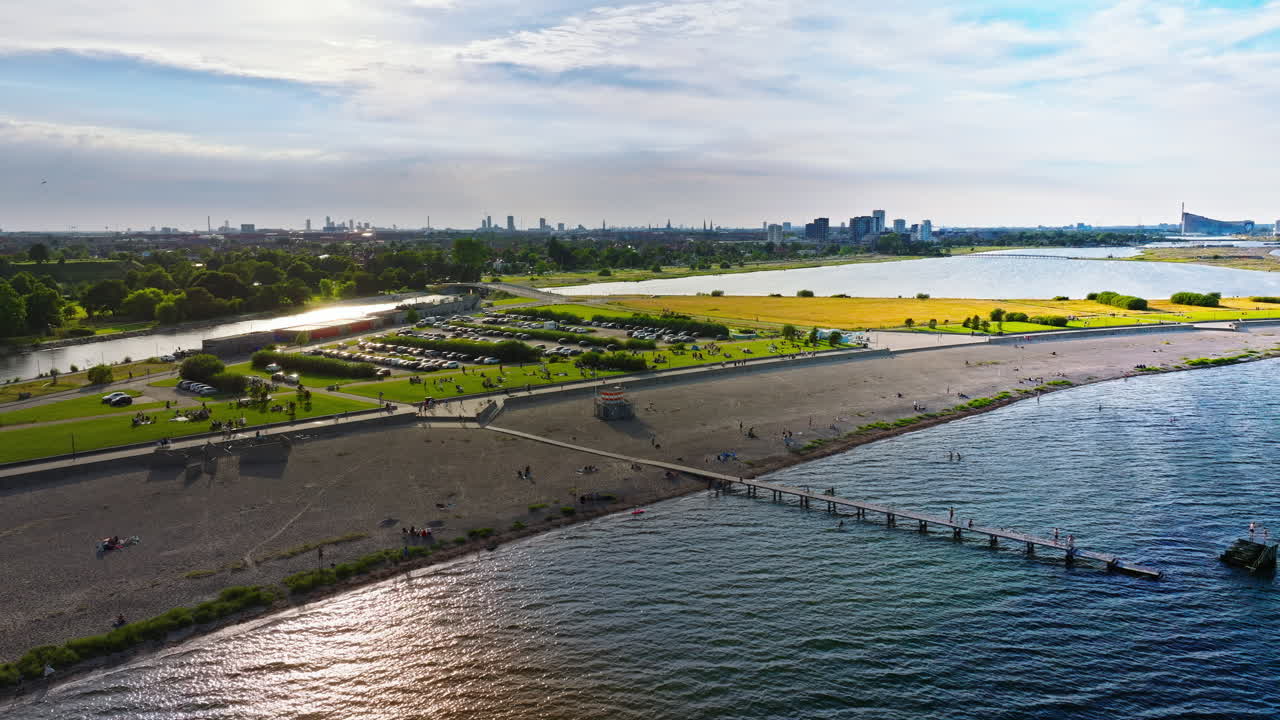 Aerial drone view of Amager Beachpark seaside public park in Copenhagen, Denmark