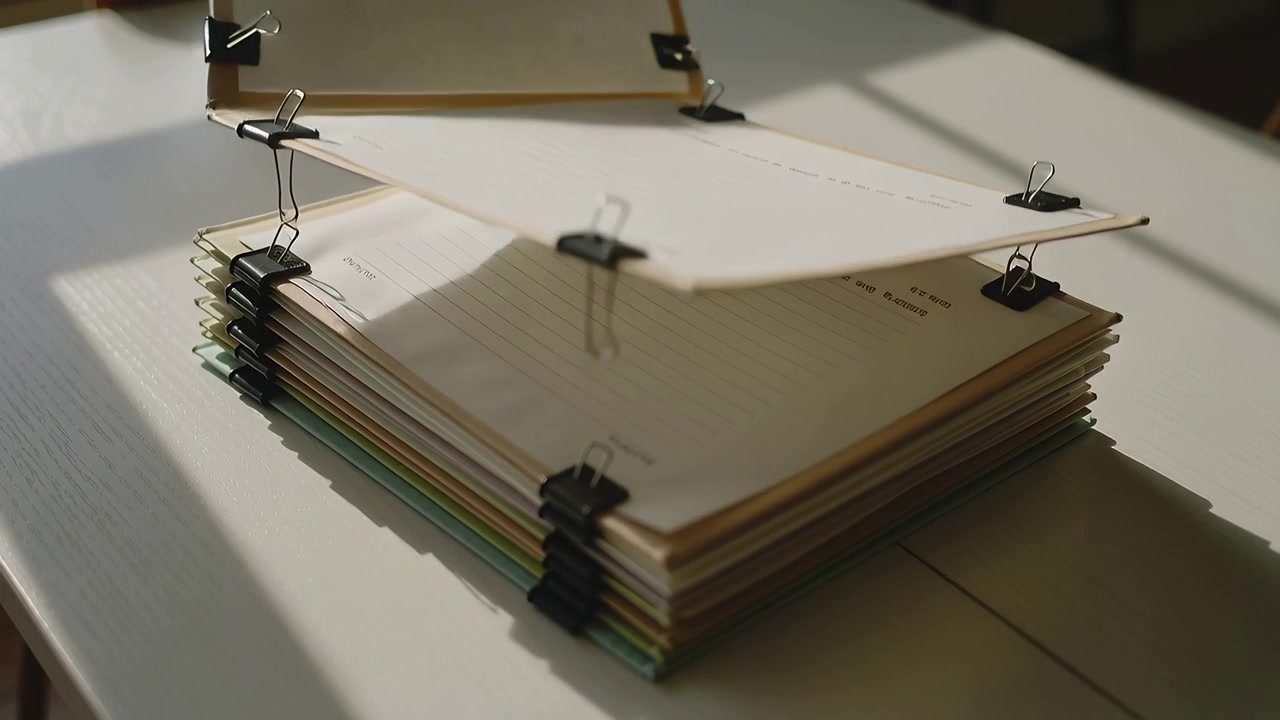 Sunlight shifting causing top sheet of stack lifting and tilting on table near window, binder clips