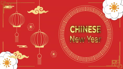 animation of happy chinese new year text over chinese pattern on red background