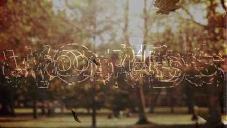 Animation-of-the-words-good-vibes-written-in-white-then-blue-letters-distorting-over-autumn-trees