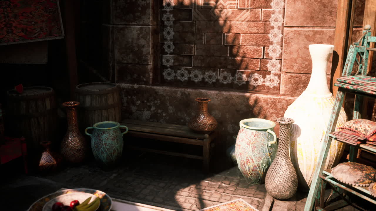 Vivace angolo culturale con ceramiche e tessuti in un mercato soleggiato