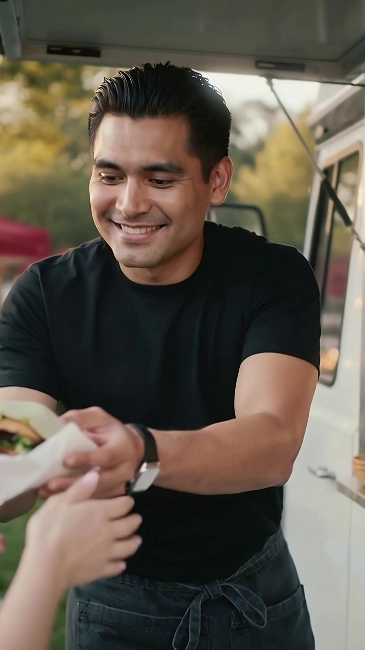 Vertical video: Reaching buyer, cook in apron handing wrap from truck at market, finishing sale