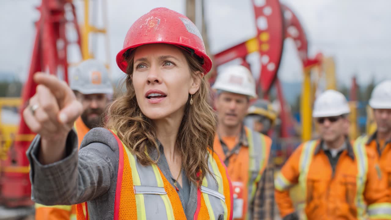 A confident leader among workers on a construction site, guiding her team with determination and vision, showcasing the essence of teamwork and expertise in the industry