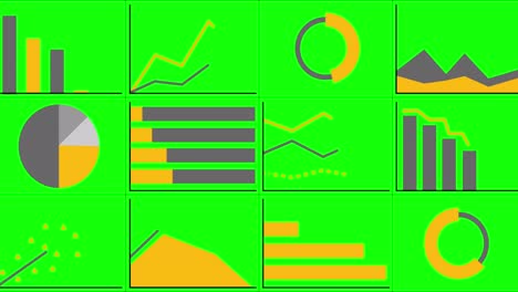 big infographics set. animation of different charts and graphs in orange and gray colors. 4k resolution animation. chromakey