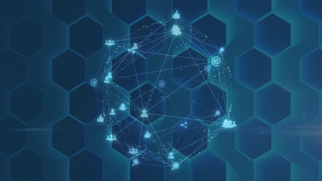 animation of globe of network of connections with icons over blue hexagons