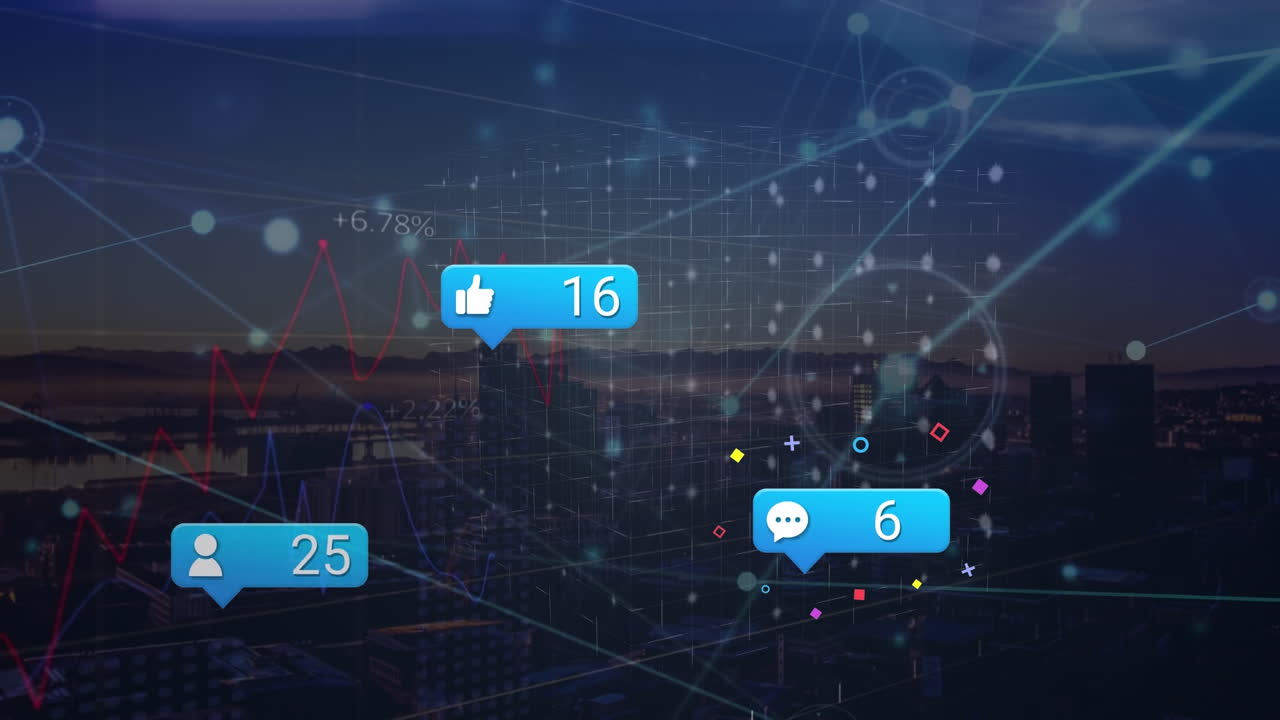 도시 풍경 위의 데이터 처리 및 미디어 아이콘의 애니메이션