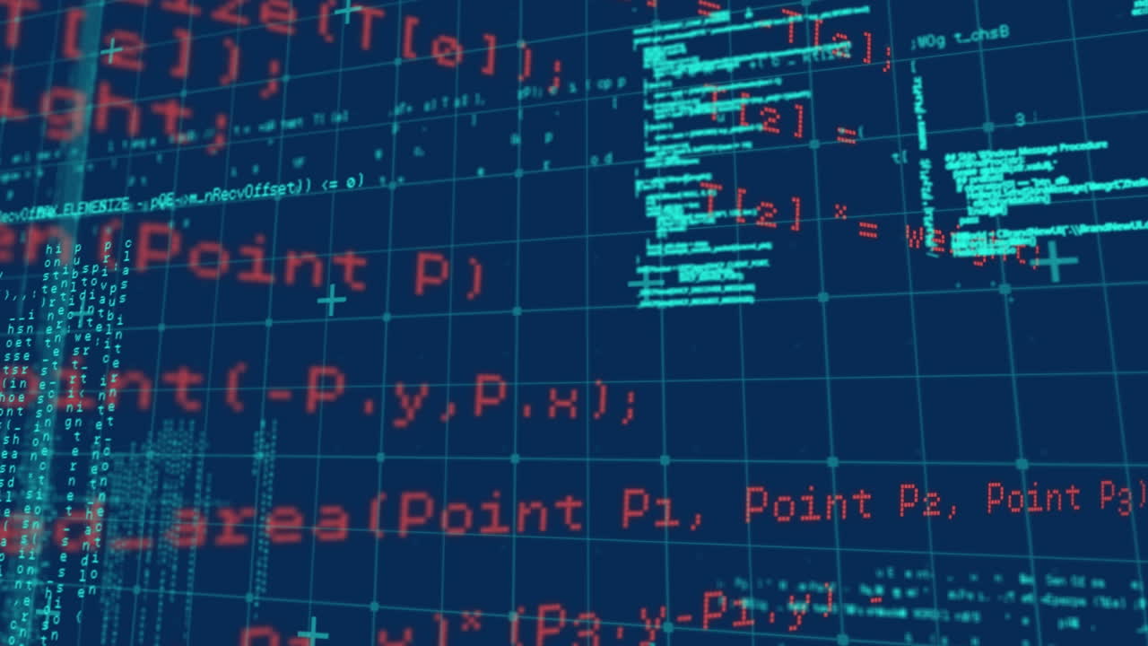 Animation of data processing over grid on blue background