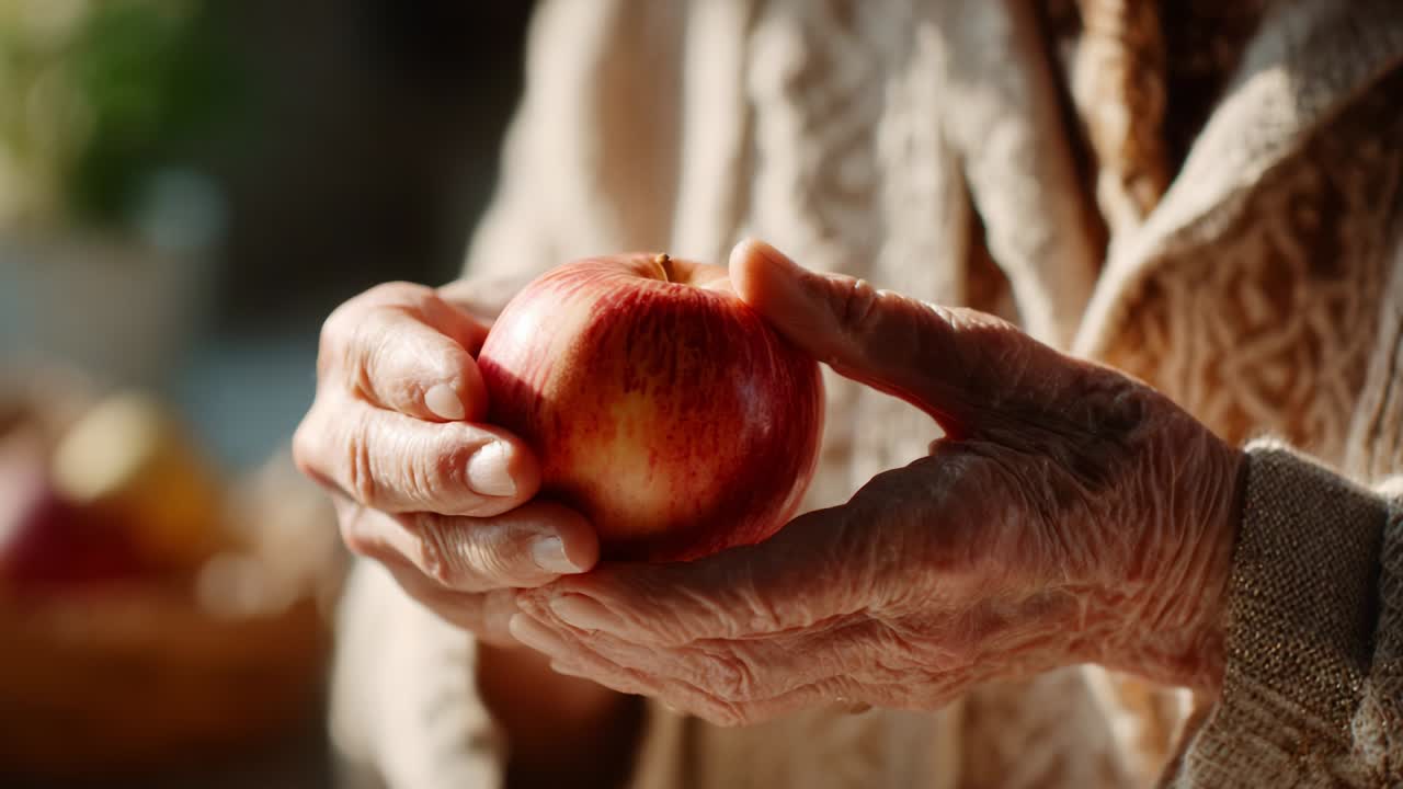 A close-up view of a pair of hands holding a vibrant red apple, symbolizing the connection between nature and humanity, displaying the beauty of age and the appreciation for simple pleasures in life