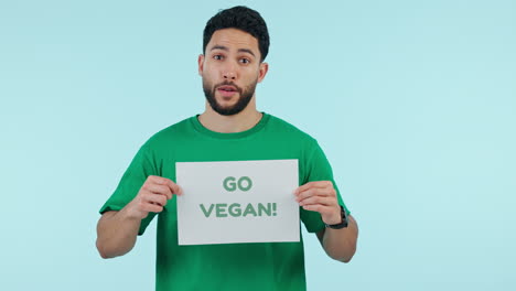 activist, sign and vegan poster in studio