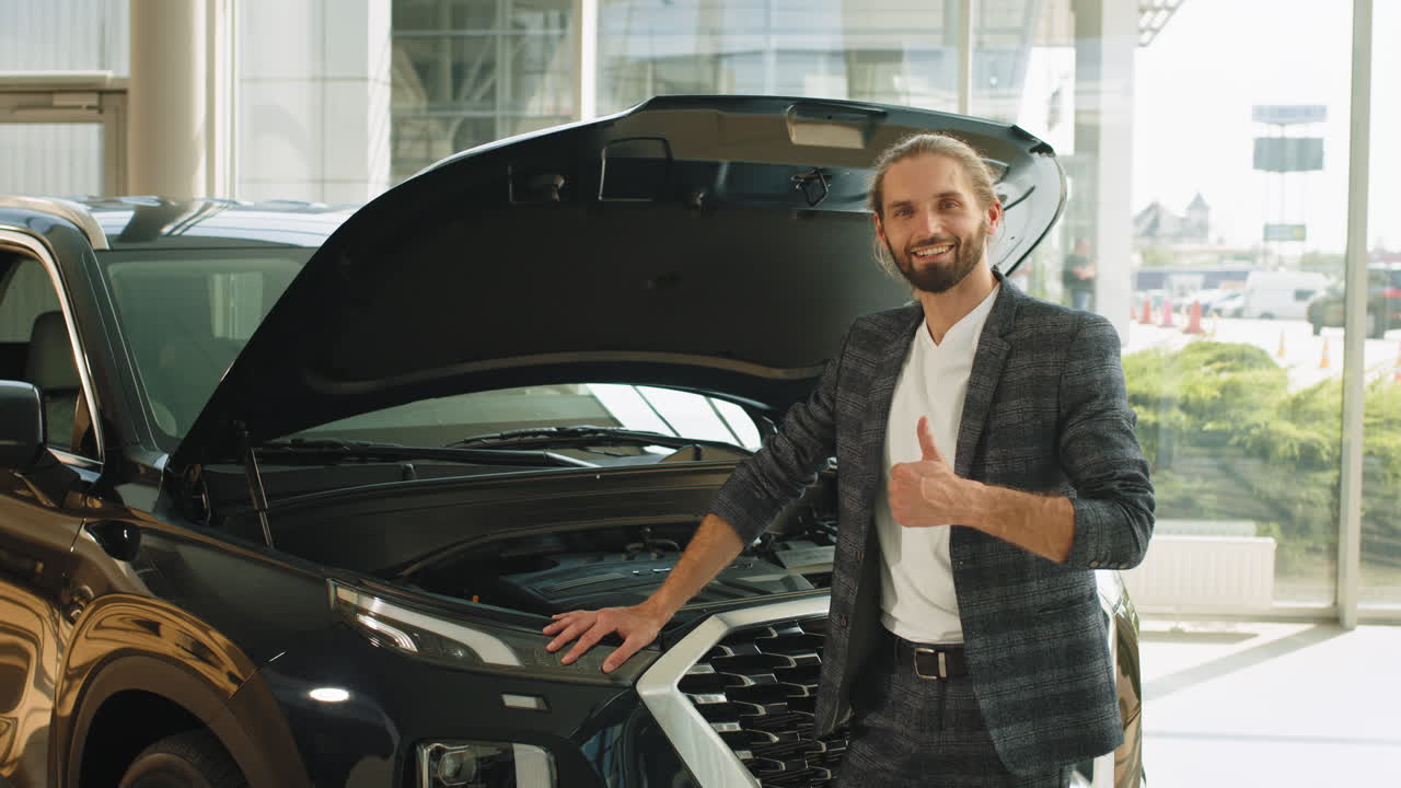 un vendedor de coches feliz en una sala de exhibición
