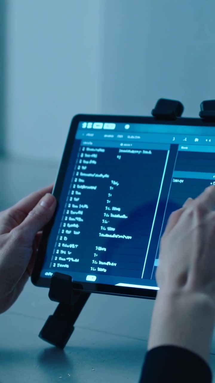 Vertical video: Tapping man in dark long-sleeve holding tablet on stand at table, adjusting values