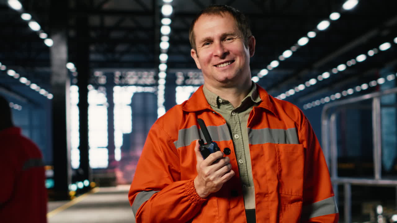 Technician holds walkie talkie device inside a manufacturing facility