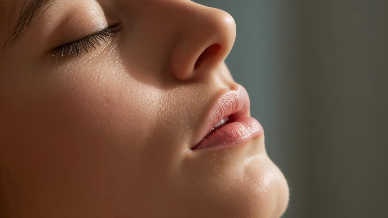 Responding to frame change, smiling woman shifting face in room by right light, savoring calm