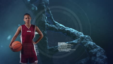 animación de procesamiento de datos y cadena de adn sobre una jugadora de baloncesto afroamericana