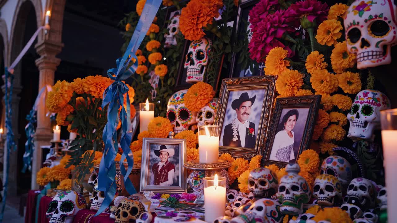 Vibrant altar adorned with marigold flowers, candles, and decorative skulls, showcasing a rich cultural tribute in a continuous scene of remembrance and celebration