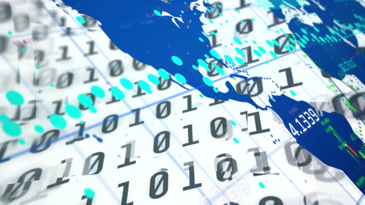 Frame one opening, binary plane rippling, teal dots sweeping, blue map sliding, showing global data