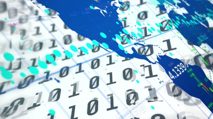 Frame one opening, binary plane rippling, teal dots sweeping, blue map sliding, showing global data