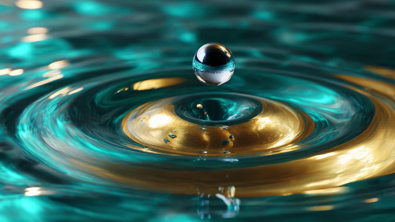 Close-Up of Water Droplet Creating Ripples on a Colorful Surface Highlighting the Interaction Between Light and Water, Capturing the Beauty and Movement of a Dynamic Liquid Environment