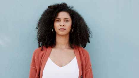 Black-woman-portrait,-stop-hands-palm-sign