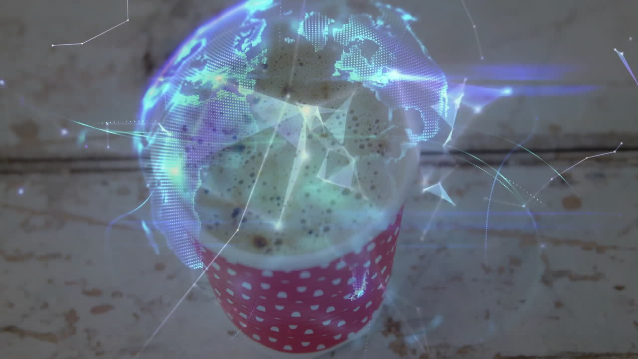Red polka dot coffee cup projecting holographic globe with connecting light streaks in 3D render