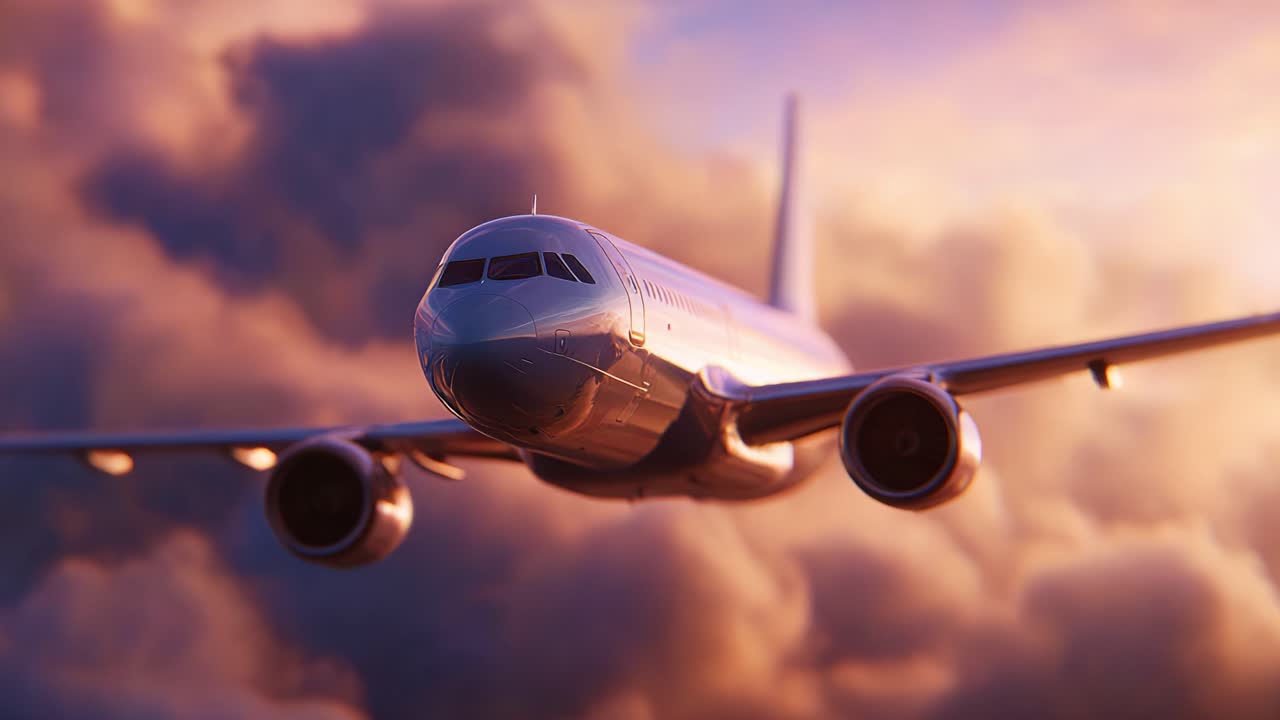 Immagini mozzafiato di un aereo di linea che solca un cielo al tramonto dai colori vivaci, con nuvole suggestive sullo sfondo: un viaggio nella fotografia aerea