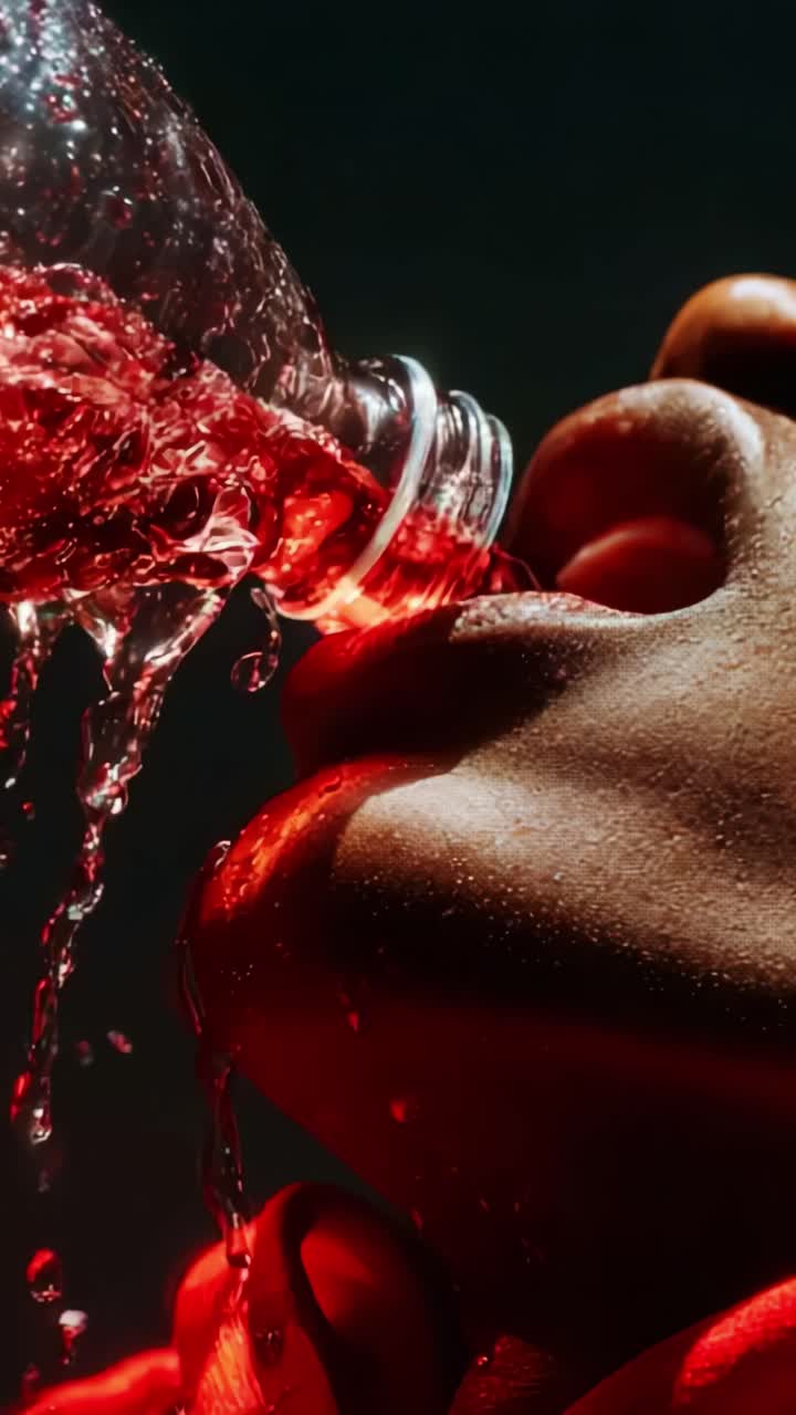 Un dissetante liquido rosso che cattura l'attenzione: un viaggio ravvicinato nell'idratazione, in cui la bottiglia offre un vivace tocco di sapore per placare la sete e accendere i sensi