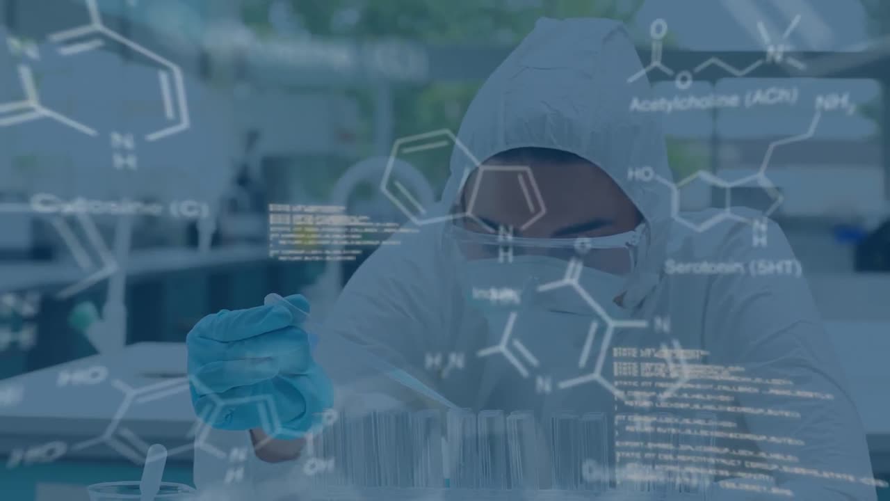 움직이는  ⁇  데이터를 가진 실험실에서 일하는 과학자