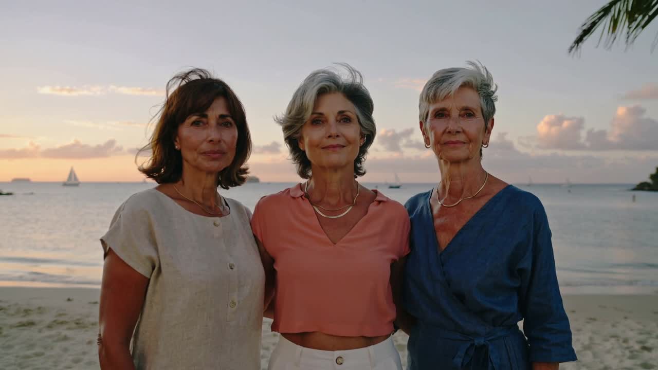 Câmera enquadrando três idosos fazendo inclinações, posando para um retrato ao pôr do sol, veleiros, blusas azul-coral