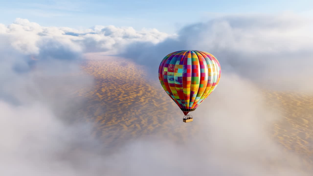 Globo Aerostático Colorido Volando Sobre Nubes en un Paisaje Desértico