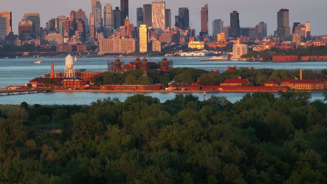 Aerial view of New York City’s Ellis Island at sunset