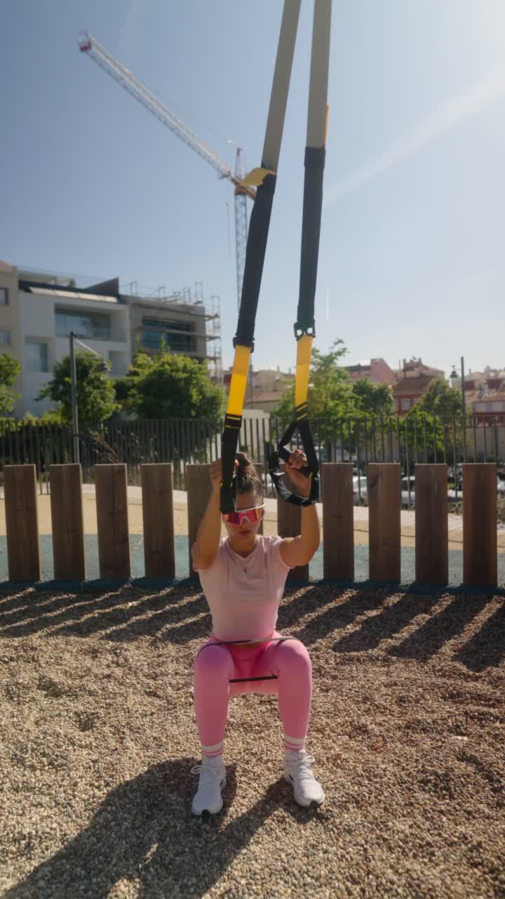 Woman doing suspension training in a park