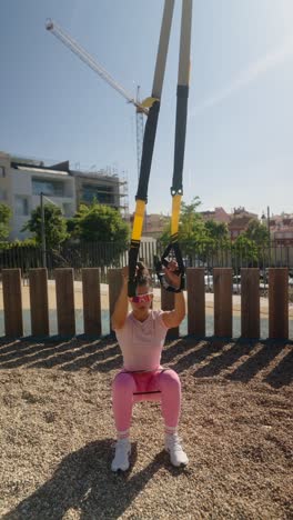 woman doing suspension training in a park