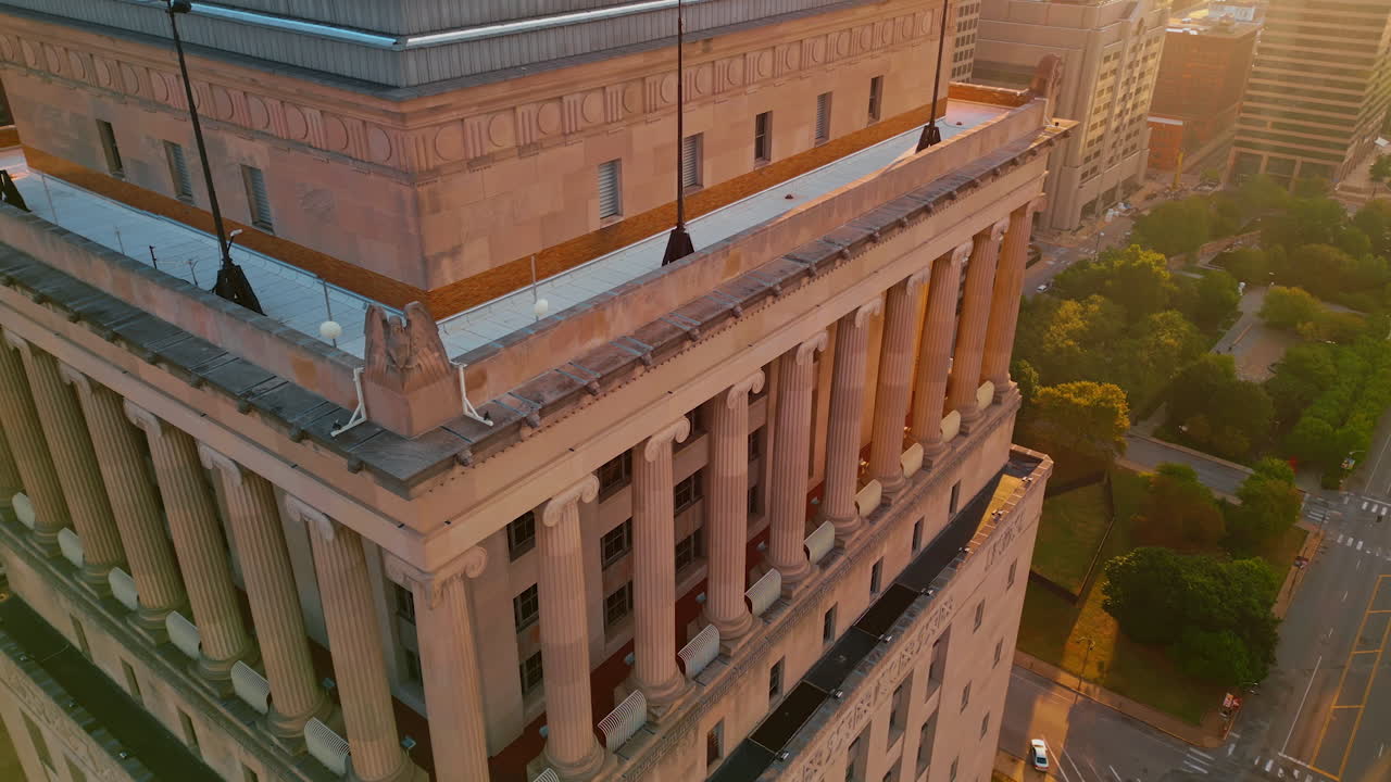 Saint Louis USA, 14 August 2025: Beautiful architectural style of Civil Courts Building. Drone footage near the pyramid top of the building. St. Louis, Missouri, USA