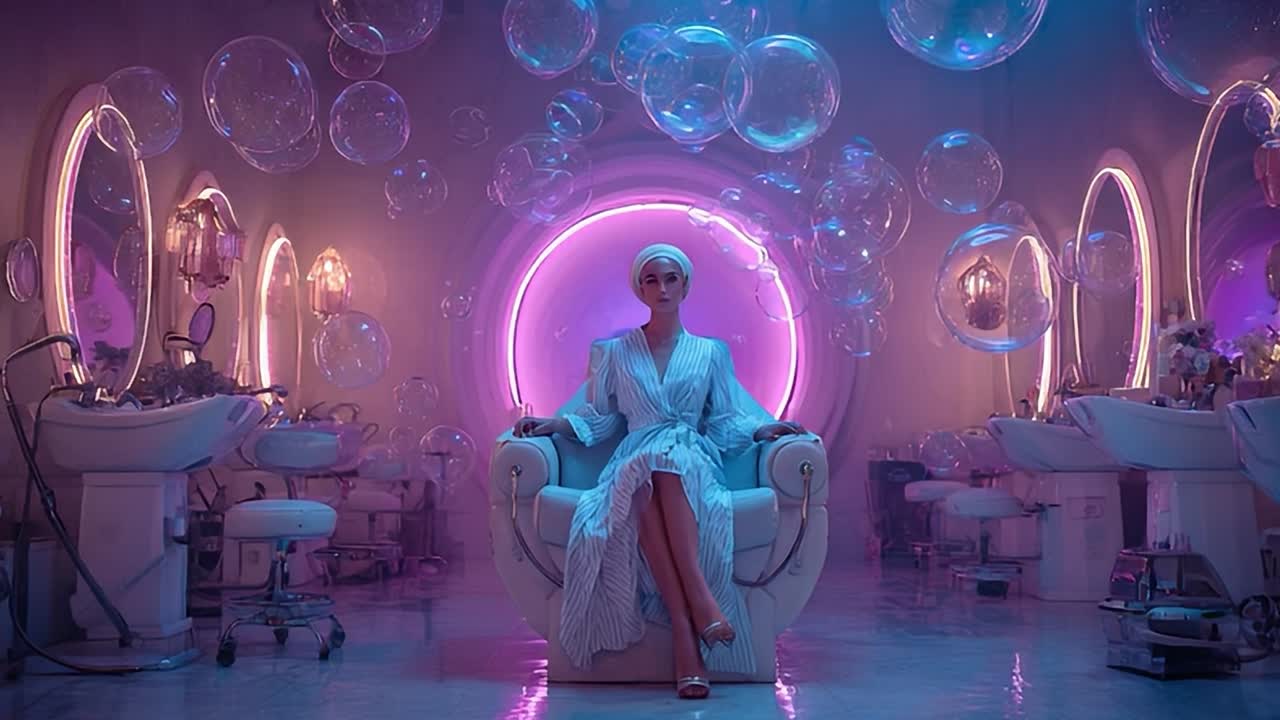 Beauty salon with neon lights and bubbles during a stylish session